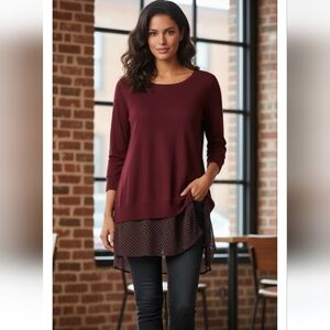 BLL New York Layered Shirt Sweater Mixed Fabric Maroon Tunic M NEW